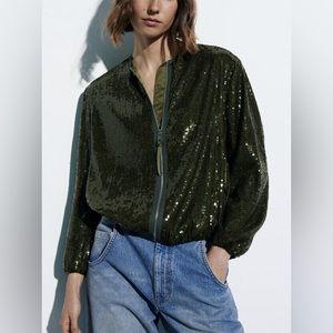 Zara sequin bomber jacket Emerald green NWOT